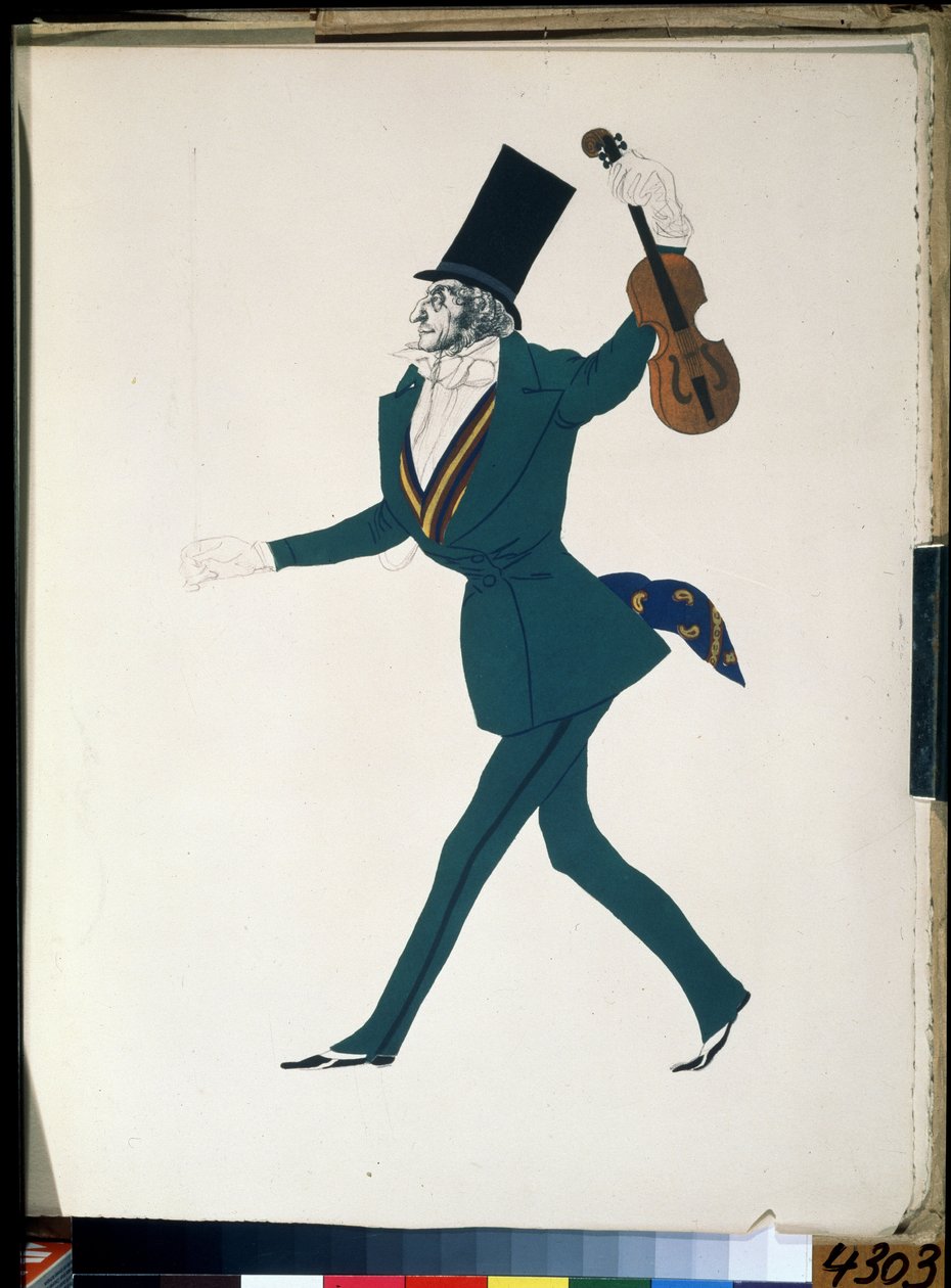 Niccolo Paganini (1782-1840), vestuario para el ballet ""La noche mágica"" de Frederic Chopin (1810-1849) (Niccolo Paganini, diseño de vestuario para el ballet La noche mágica de F. Chopin). Dibujo de Leon Bakst (1866-1924). Gouache y tinta sobre papel de Leon Bakst