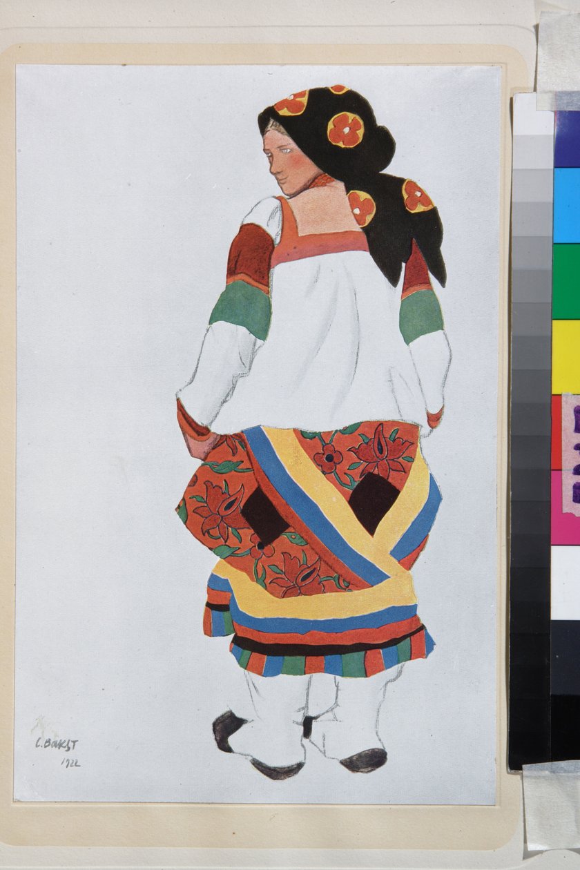 Mujer campesina, diseño de vestuario para el Vaudeville Old Moscow, en el teatro Femina, París (Francia) - Obra de Leon Bakst (1866-1924), litografía 1922 - (Mujer campesina, Diseño de vestuario para el Vaudeville Old Moscow, en el Teatro Femina en París,  de Leon Bakst