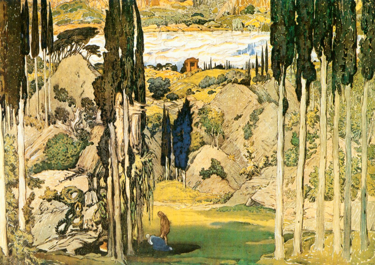 Boceto para el decorado del primer acto del ballet Dafnis y Cloe de Maurice Ravel de Leon Bakst