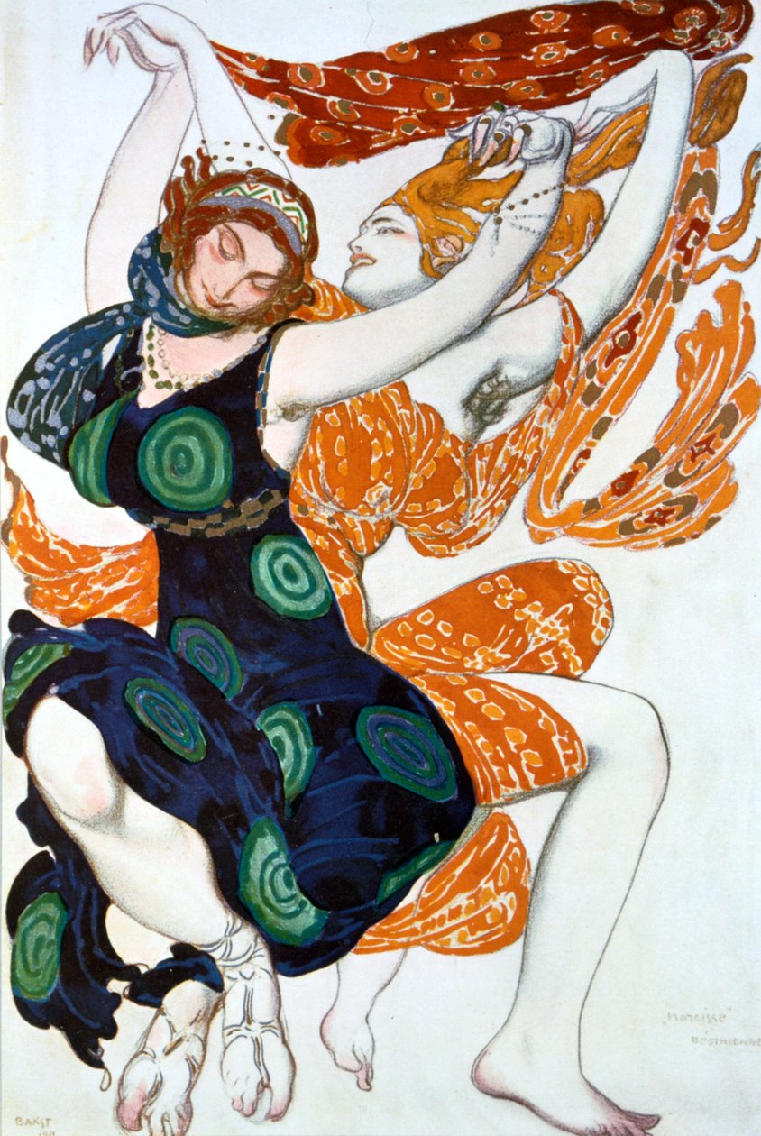 Dos Bacantes, diseño de vestuario para una producción de Ballets Russes de Narcisse de Tcherepnin, 1911 de Leon Bakst