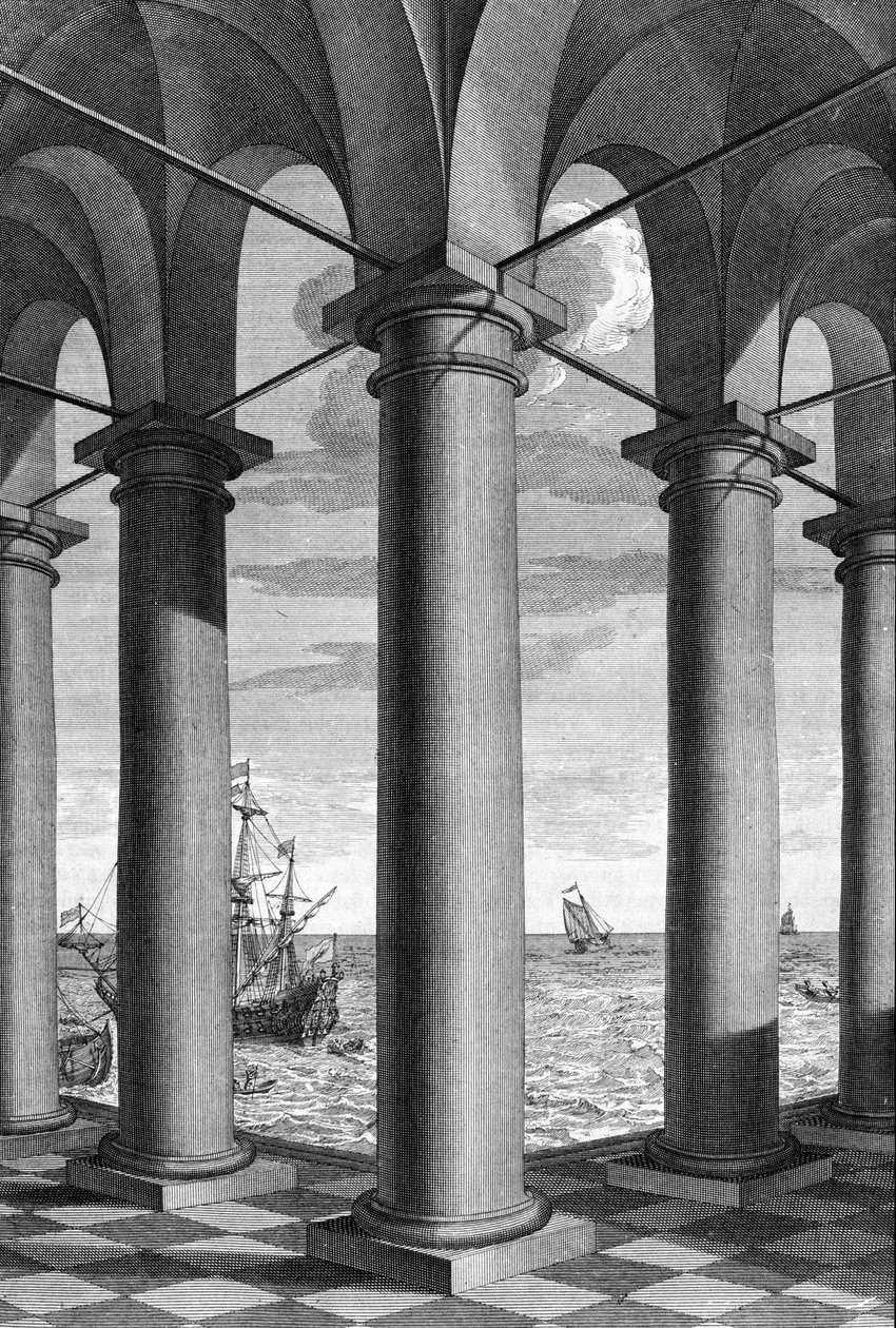 Sobre arquitectura, un paisaje marítimo aparece detrás de un edificio sostenido por arcadas: una tabla extraída de De Architectura Libri decem de Leon Battista Alberti (1404-1472), arquitecto, matemático, poeta italiano del Renacimiento de Leon Battista Alberti