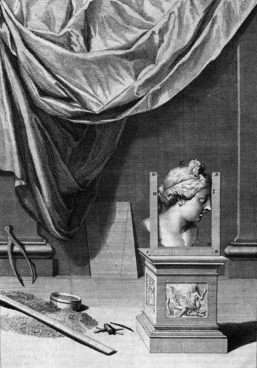 Tratados sobre arquitectura, un busto de una estatua clásica y herramientas arquitectónicas: tabla tomada de “De Architectura Libri decem” de Leon Battista Alberti (1404-1472), arquitecto, matemático, poeta italiano del Renacimiento, Londres de Leon Battista Alberti