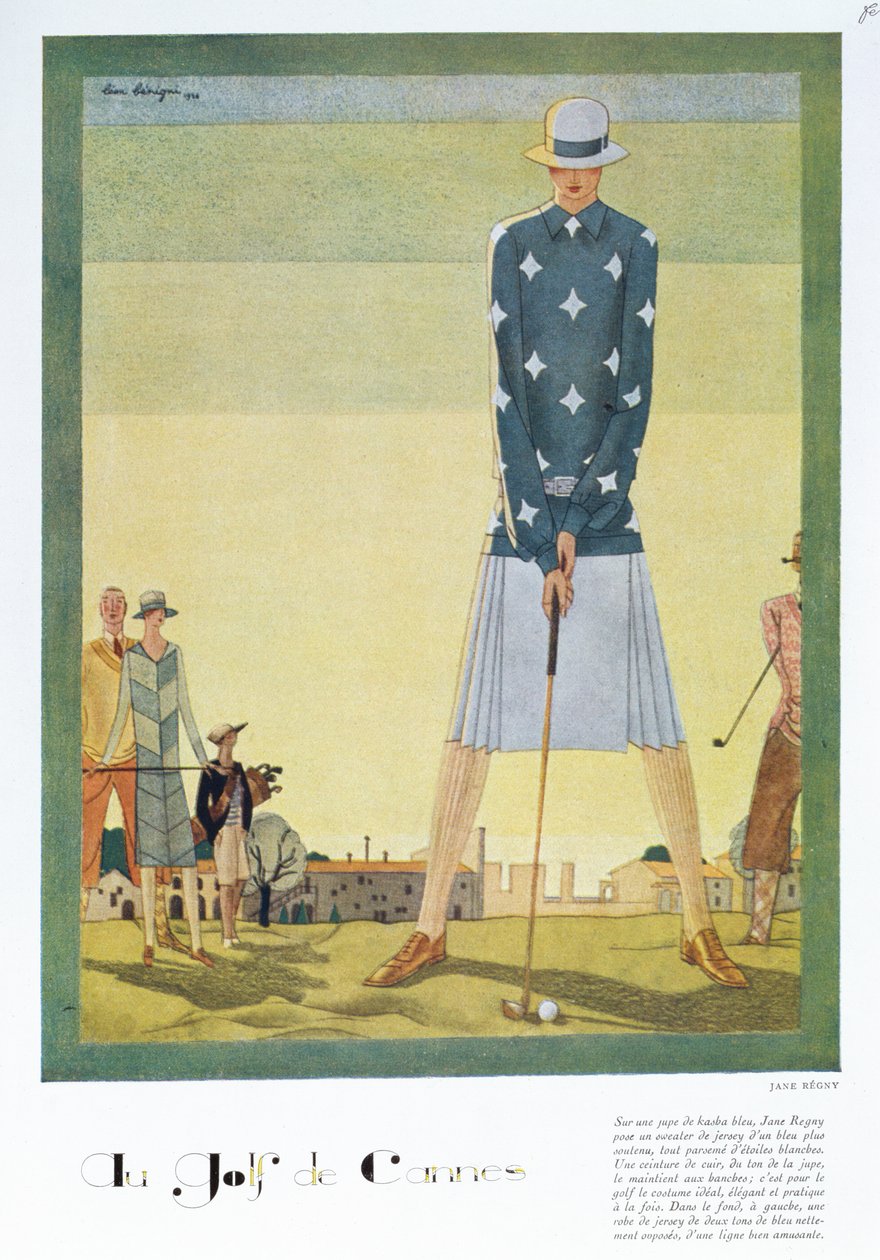 Diseño de vestido de golf de Jane Regny, lámina de moda de la revista 