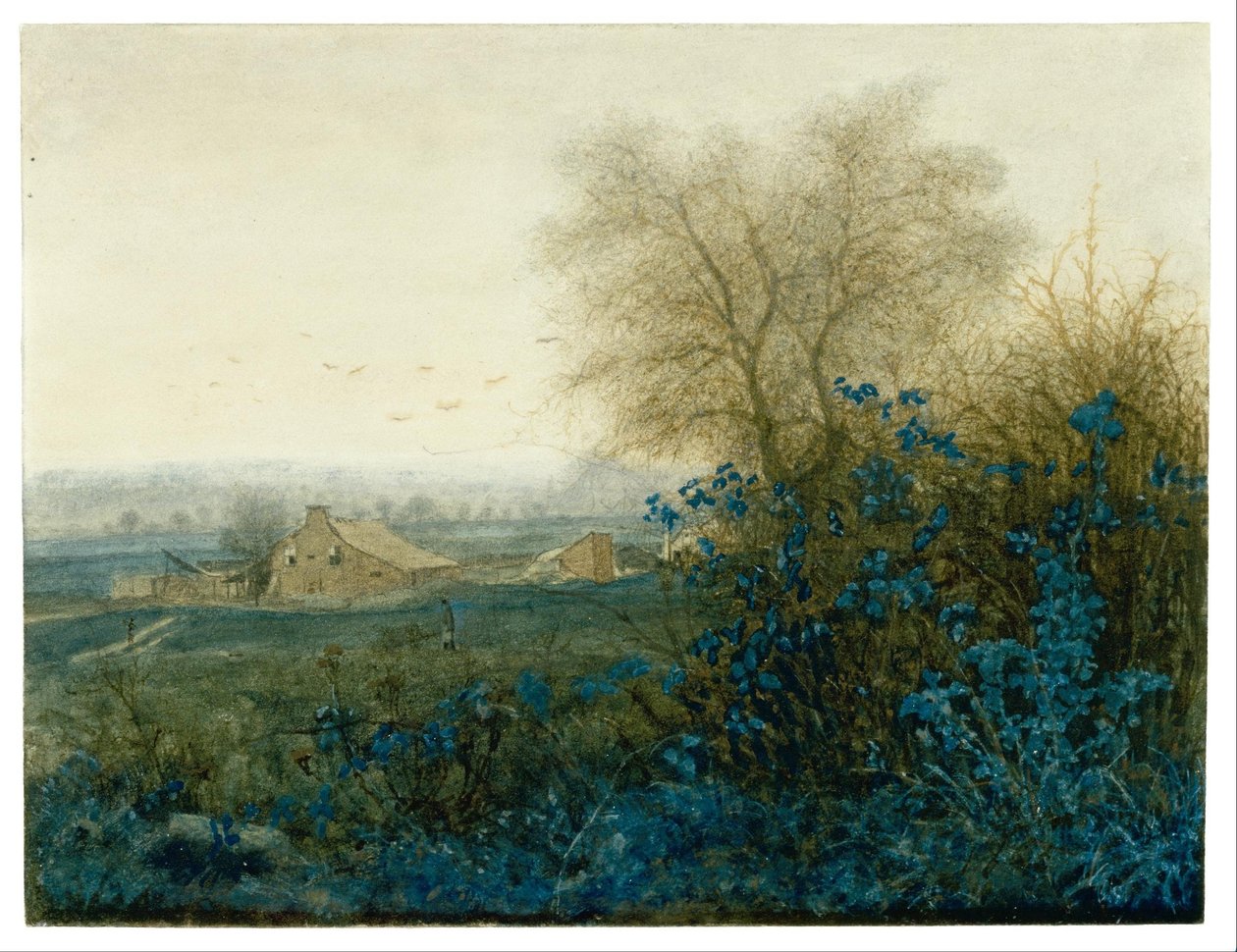Paisaje con una granja y un campesino arrastrando una carretilla de Léon Bonvin