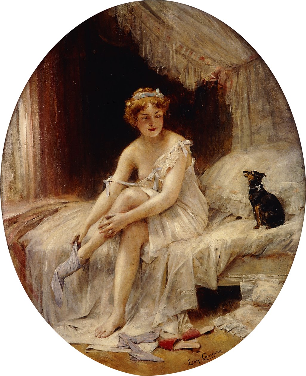 Pequeña mujer poniéndose las medias; Petite Femme mettant sa bas de Leon Francois Comerre