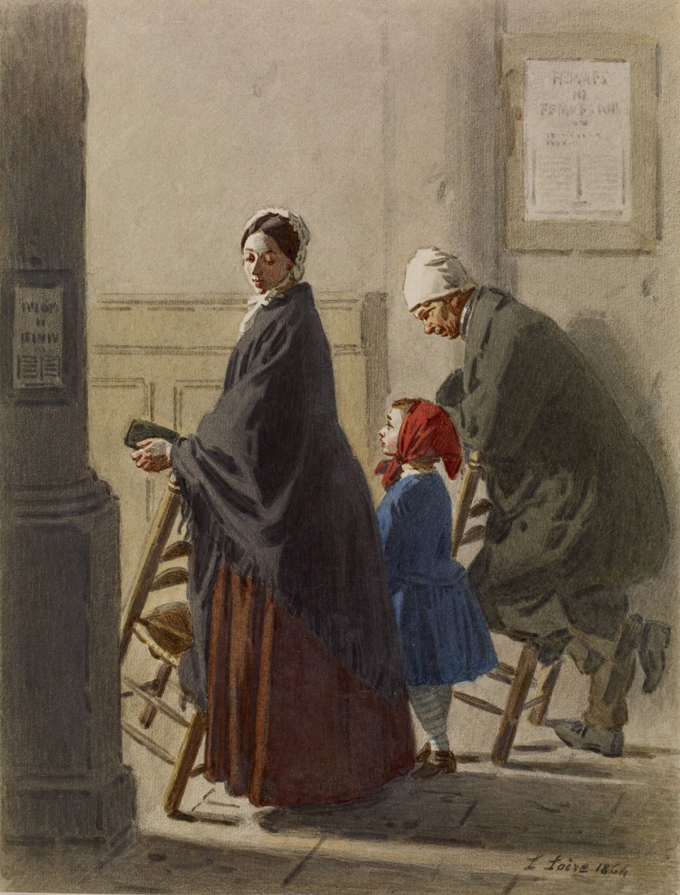 Hombre, mujer y niña rezando en la iglesia, 1864 de Leon Henri Antoine Loire