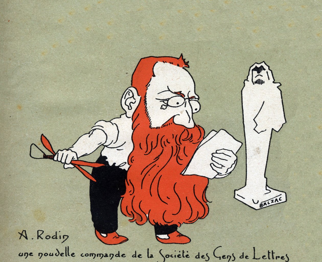 Caricatura de Auguste Rodin con un nuevo encargo de la Societe des gens de lettres (Escultura de Balzac) - Ilustración de Leon Lebegue (1863-1944) - Grabado en "Le sun-du-dimanche" de Leon Lebegue