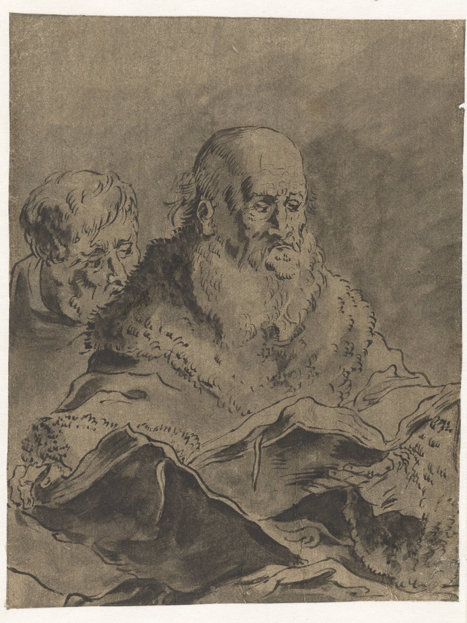 Hombre con barba y abrigo de piel con dos libros abiertos de Leonaert Bramer