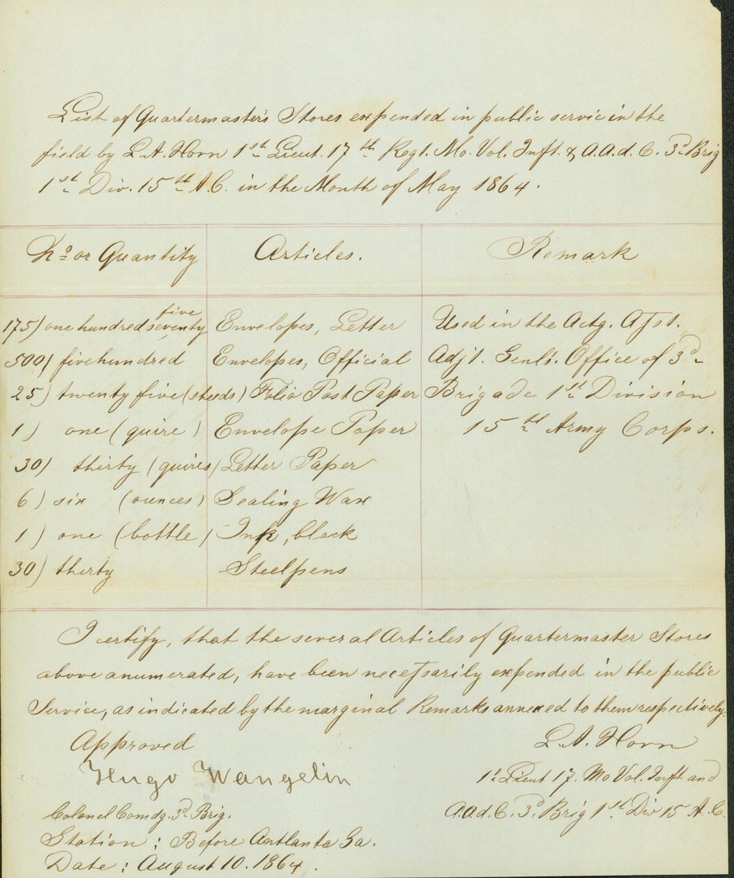 Lista de artículos gastados en servicio público en el campo por L.A. Horn en el mes de mayo de 1864 de Leonard A. Horn