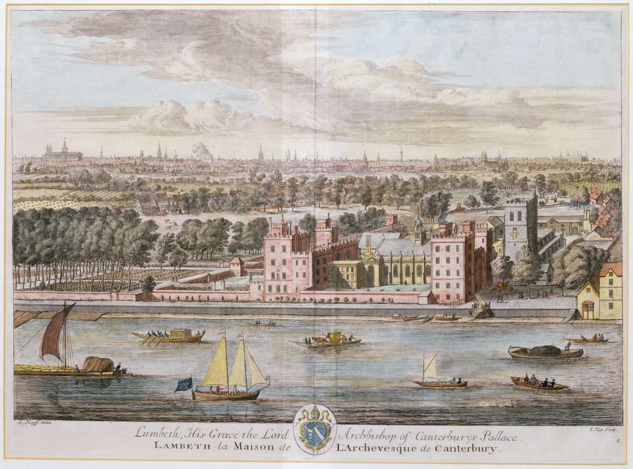 Palacio de Lambeth, sede del Arzobispo de Canterbury grabado por Johannes Kip de Leonard Knyff