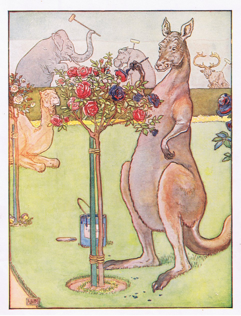 Y el canguro intentó pintar las rosas de azul, ilustración de 