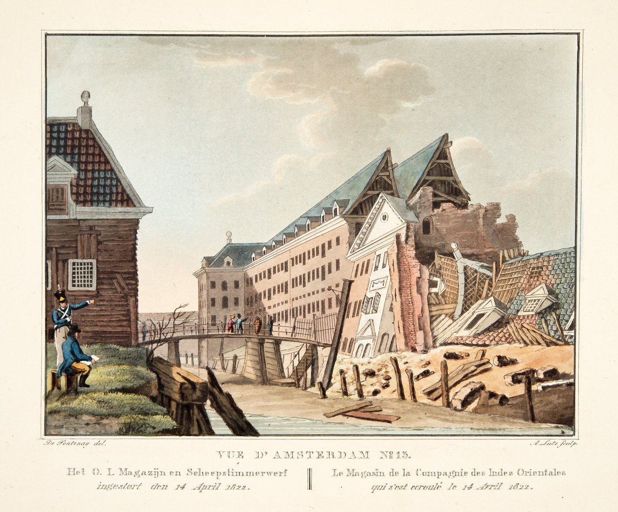 Vista de Ámsterdam No.13. Het O.I. Magazijn en Scheepstimmerwerf derrumbado el 14 de abril de 1822. Le Magasin de la Compagnie des Indes Orientales qui s