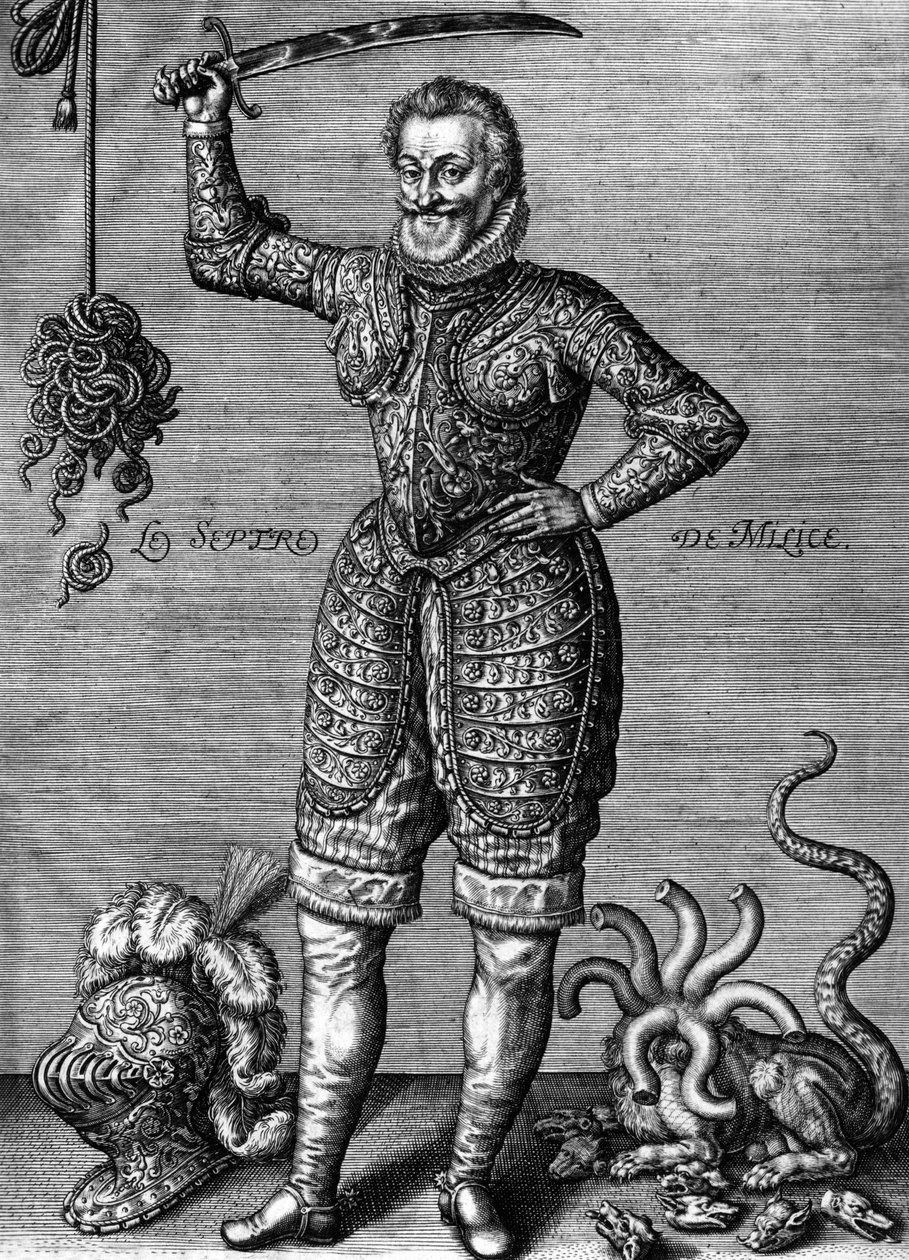 Enrique IV (1553-1610) rey francés en 1589-1610, aquí con armadura, sosteniendo una espada, como un justiciero, grabado por Leonard Gaultier de Leonard Gaultier