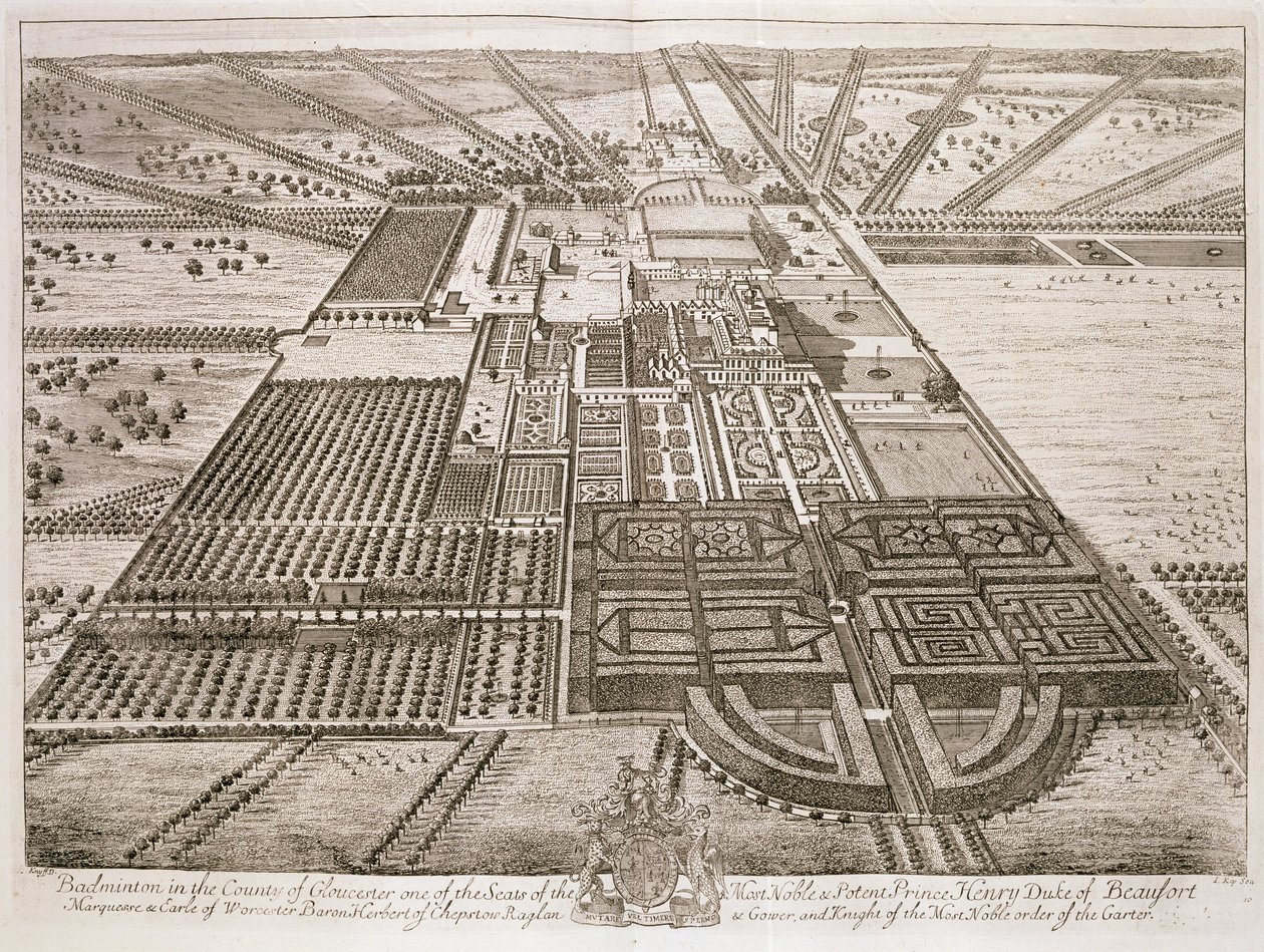 Casa de Badminton en el condado de Gloucester, grabado por Johannes Kip (c.1652-1722) de Leonard Knyff