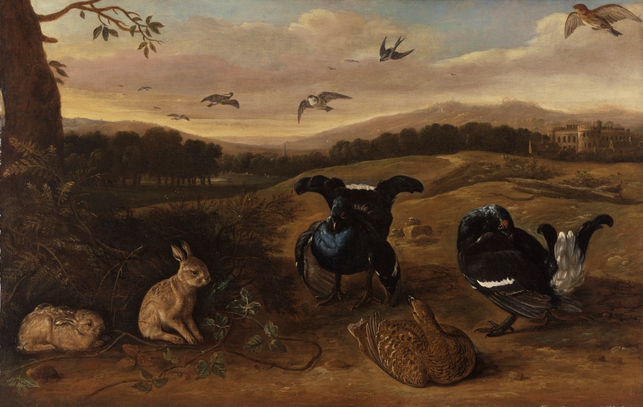 Caza negra, conejos y golondrinas en un parque de Leonard Knyff