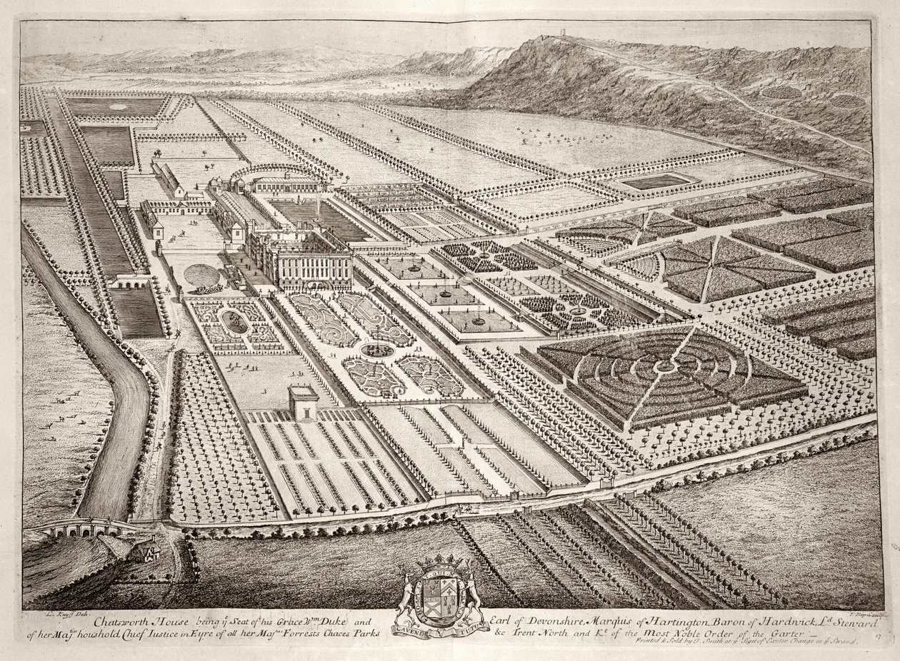 Casa Chatsworth, sede de William Cavendish (1640-1707) 1er Duque de Devonshire, grabado por Johannes Kip de Leonard Knyff