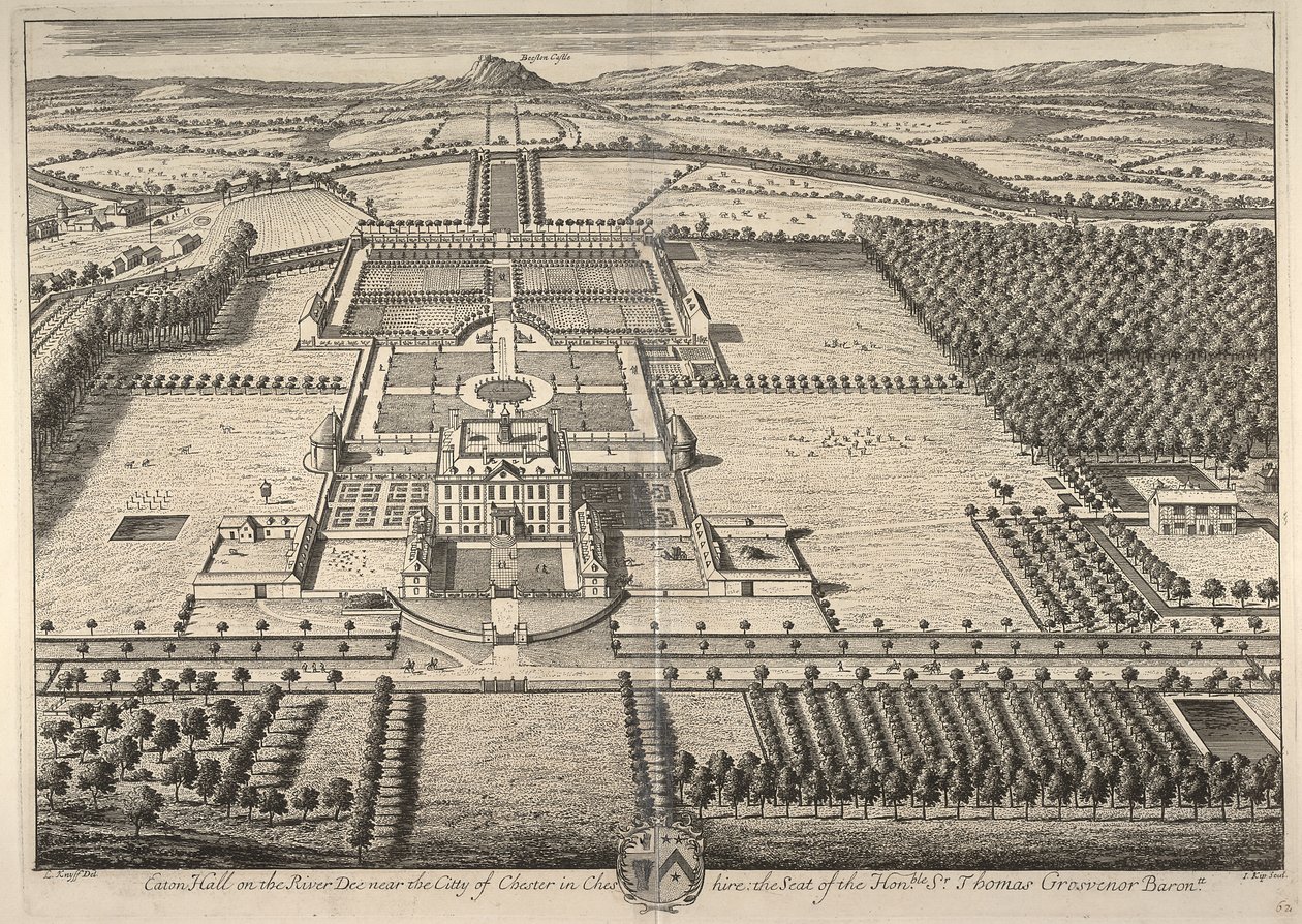 Eaton Hall en el río Dee, cerca de la ciudad de Chester en Cheshire, sede del Honorable Sir Thomas Grosvenor (grabado) de Leonard Knyff