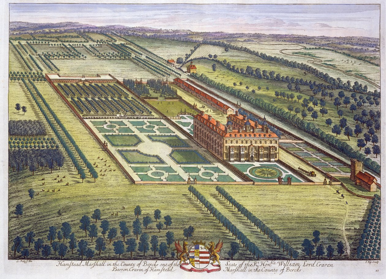 Hamstead Marshall en el condado de Berkshire, grabado por Johannes Kip de Leonard Knyff