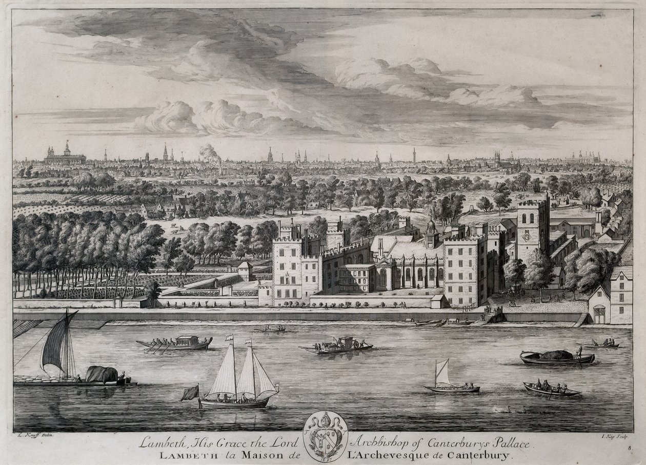 Lambeth, el palacio de Su Gracia el Arzobispo de Canterbury, grabado por I. Kip de Leonard Knyff
