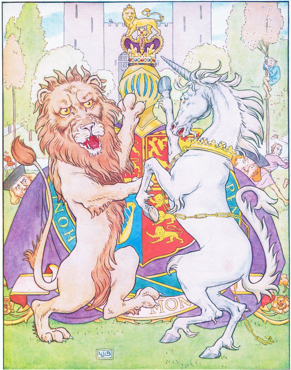 El león y el unicornio luchaban por la corona (litografía en color) de Leonard Leslie Brooke