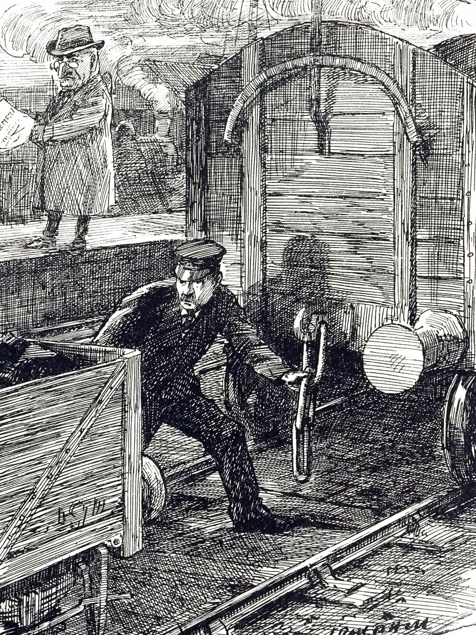 Una viñeta que comenta los accidentes de los ferroviarios. Ilustrado por Leonard Raven-Hill (1867-1942), artista, ilustrador y caricaturista inglés del siglo XX. de Leonard Raven Hill
