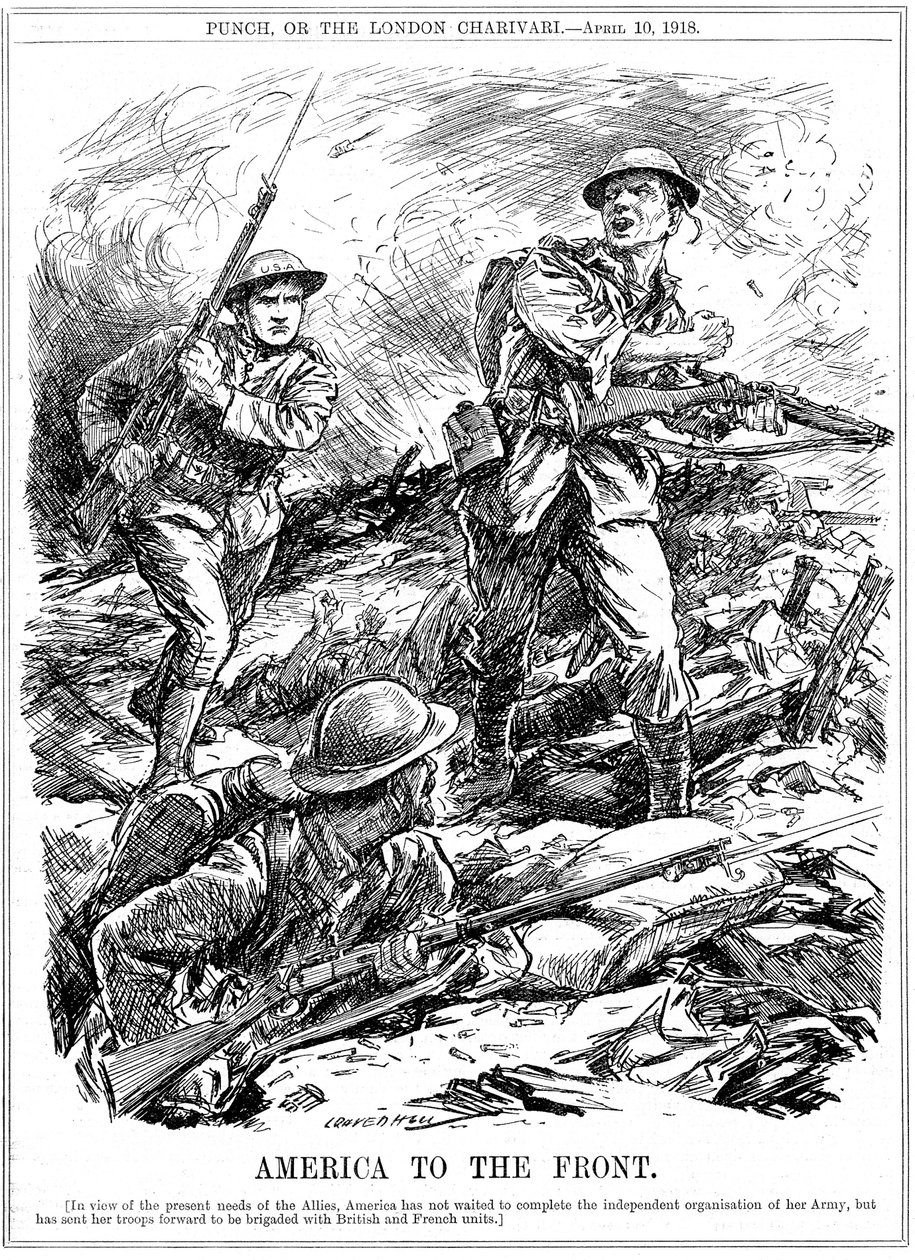 Refuerzos estadounidenses para ayudar a las tropas aliadas antes de la llegada del ejército principal de EE. UU., Primera Guerra Mundial, 1918 de Leonard Raven Hill