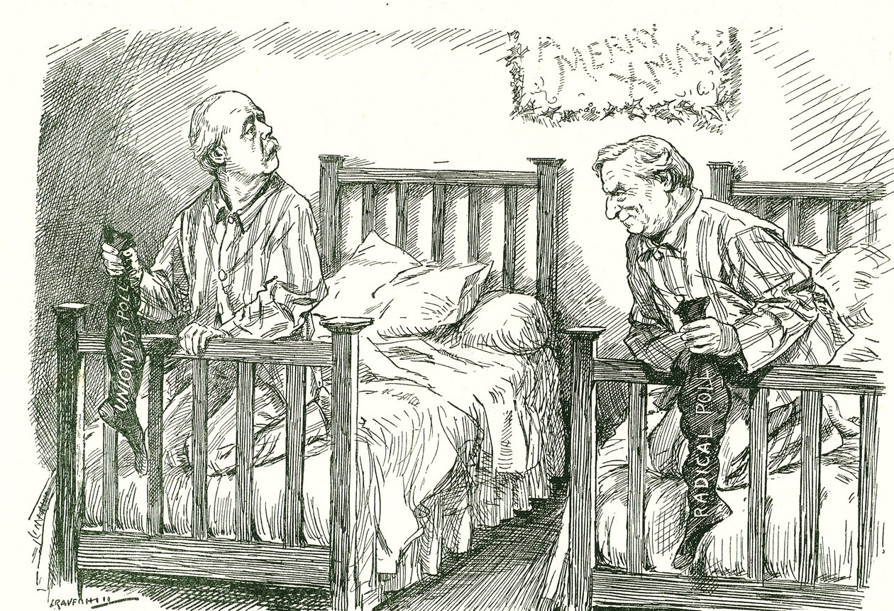 Arthur Balfour, conservador, y Herbert Asquith, liberal, con sus medias de Navidad. En las elecciones generales de diciembre de 1910, ninguno de los dos obtuvo mayoría absoluta. Asquith consiguió formar gobierno en coalición con el Partido Nacional Irlandé de Leonard Raven Hill