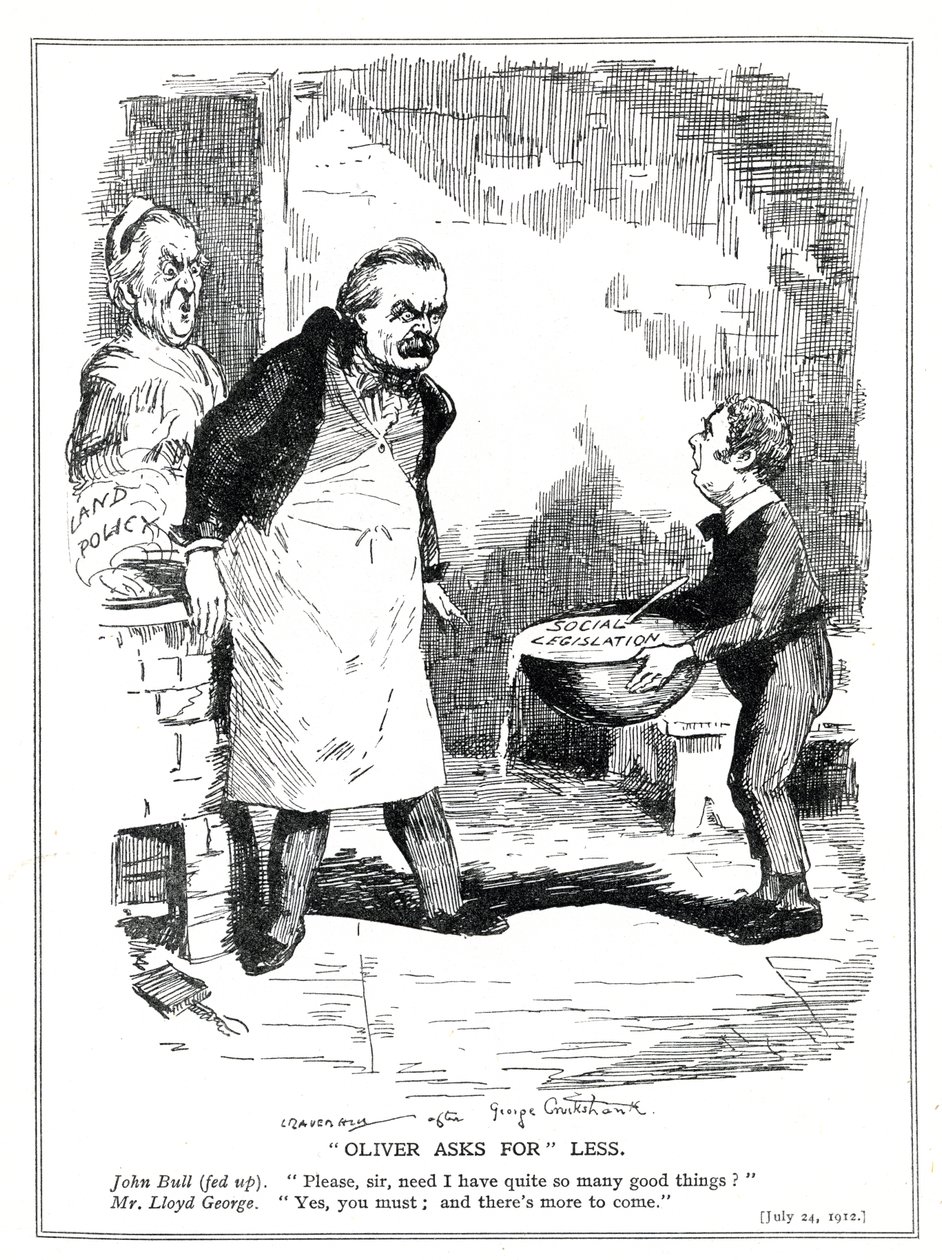 John Bull se queja a Lloyd George de que hay demasiada reforma en su legislación social y reformas de política de tierras, 1912 de Leonard Raven Hill