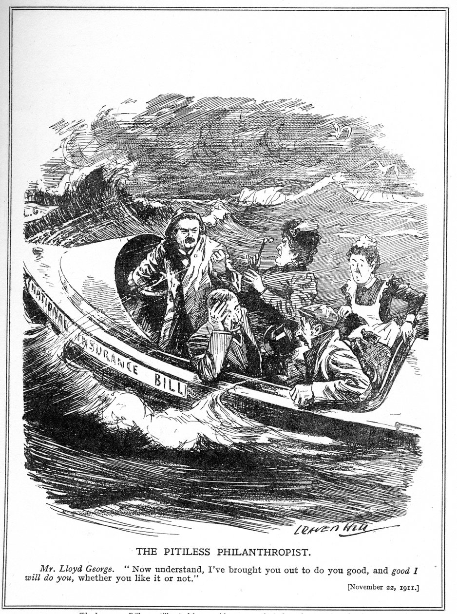 Lloyd George, representado como un marinero de bote salvavidas, enfrenta oposición a su Ley de Seguro Nacional, 1911 de Leonard Raven Hill