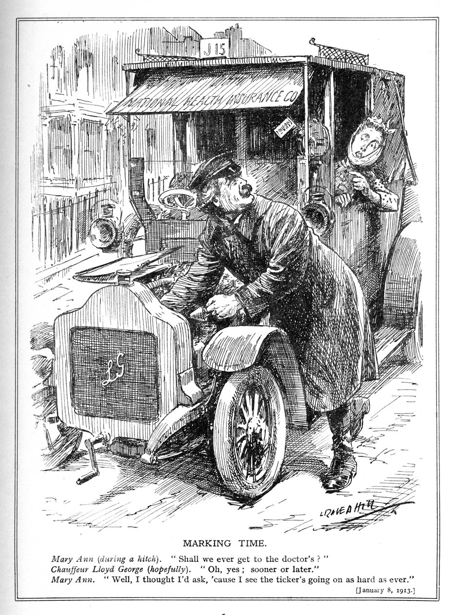 Lloyd George se retrasa llevando a un paciente al médico bajo su Ley de Seguro Nacional de Salud, 1913 de Leonard Raven Hill