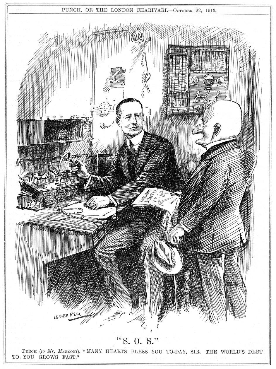 Mr Punch agradeciendo a Marconi por la telegrafía inalámbrica que estaba salvando vidas en el mar, 1913 de Leonard Raven Hill