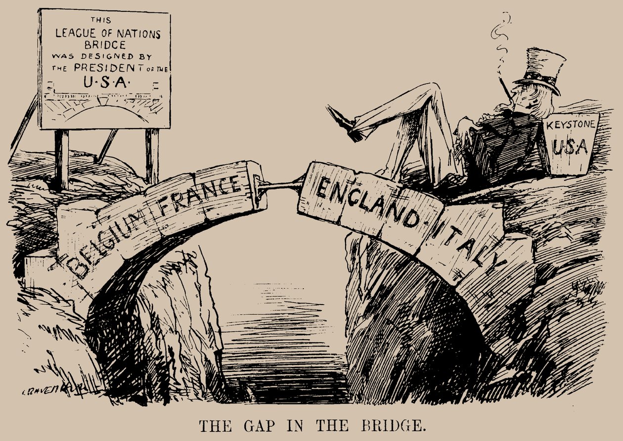 La brecha en el puente. Caricatura sobre la ausencia de EE.UU. en la Liga de las Naciones de Leonard Raven Hill