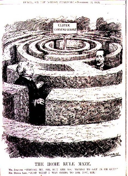 El laberinto de la autonomía. Sr. Asquith: "Disculpe, señor, ¿pero está tratando de entrar o salir?" Sr. Bonar Law: "Justo lo que iba a preguntarle, señor" de la revista 