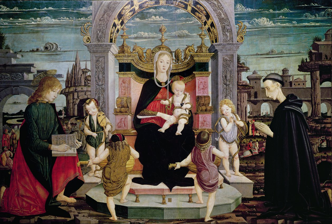 Virgen y Niño entronizados con San Juan Evangelista y el Beato Giacomo Bertoni de Leonardo I Scaletti