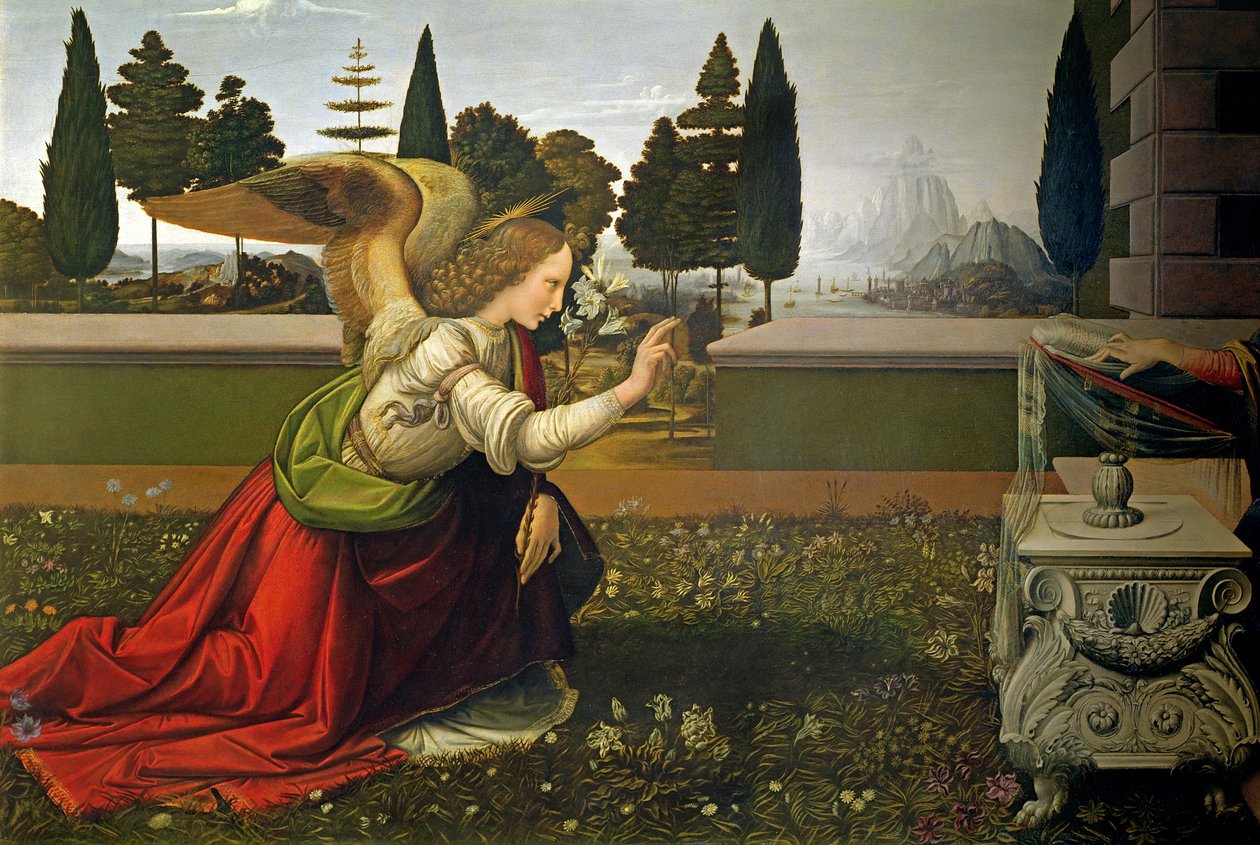 Ángel Gabriel, de la Anunciación, 1472-75 (detalle) (post-restauración) de Leonardo da Vinci