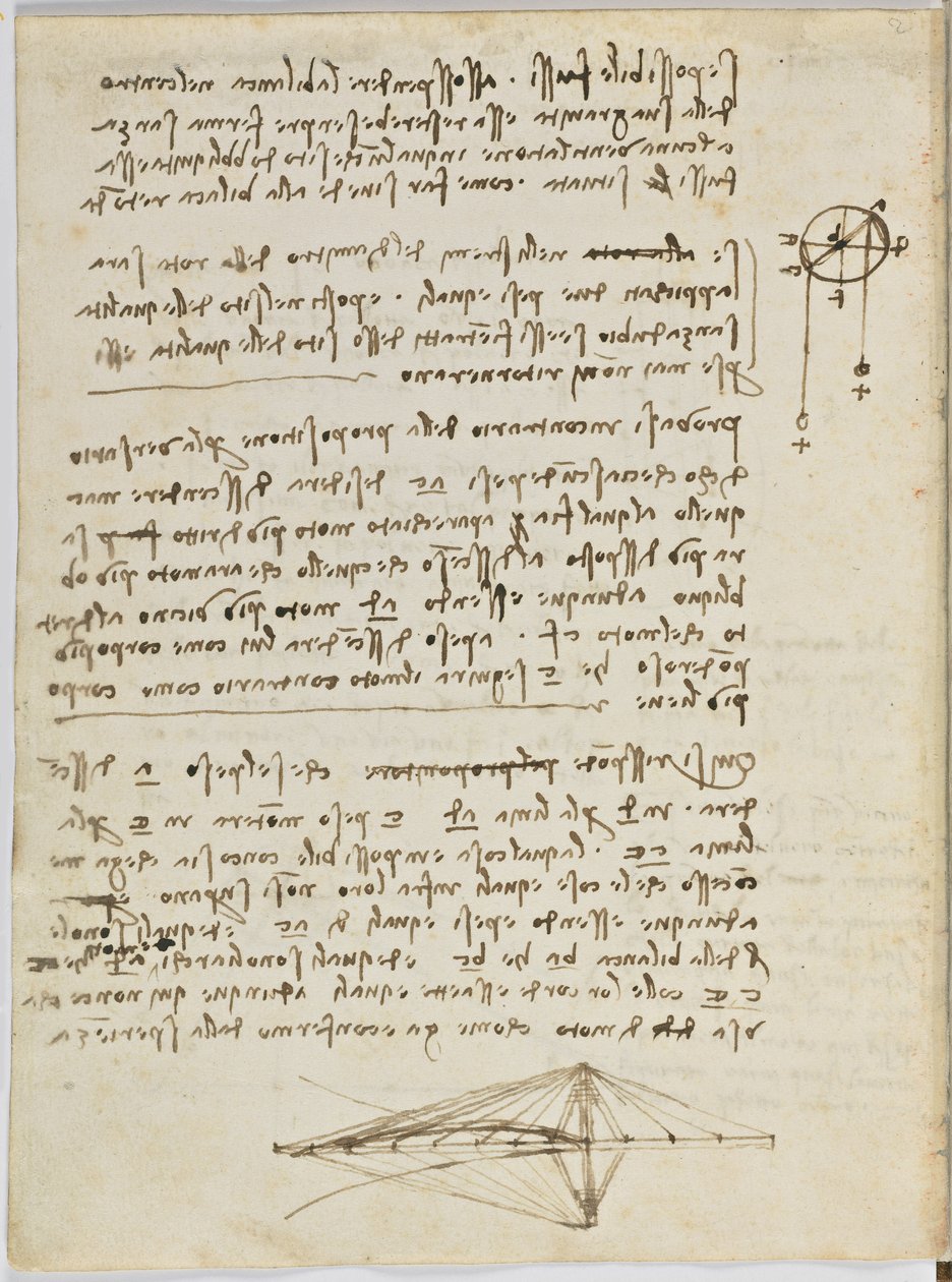 Código sobre el vuelo de los pájaros, c. 1505-06, manuscrito en papel, cc. 18, hoja 2 verso de Leonardo da Vinci