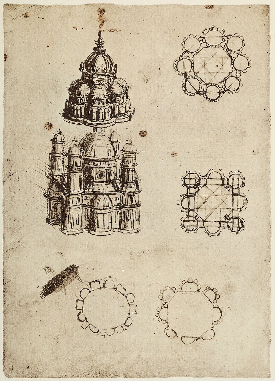 Edificios de planta central, parte del Códice B (2173), c.25v, en el Institut de France, París de Leonardo da Vinci
