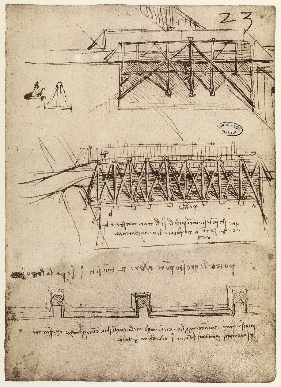 Códice B 2172 f.23r, Diseños para Puentes de Leonardo da Vinci