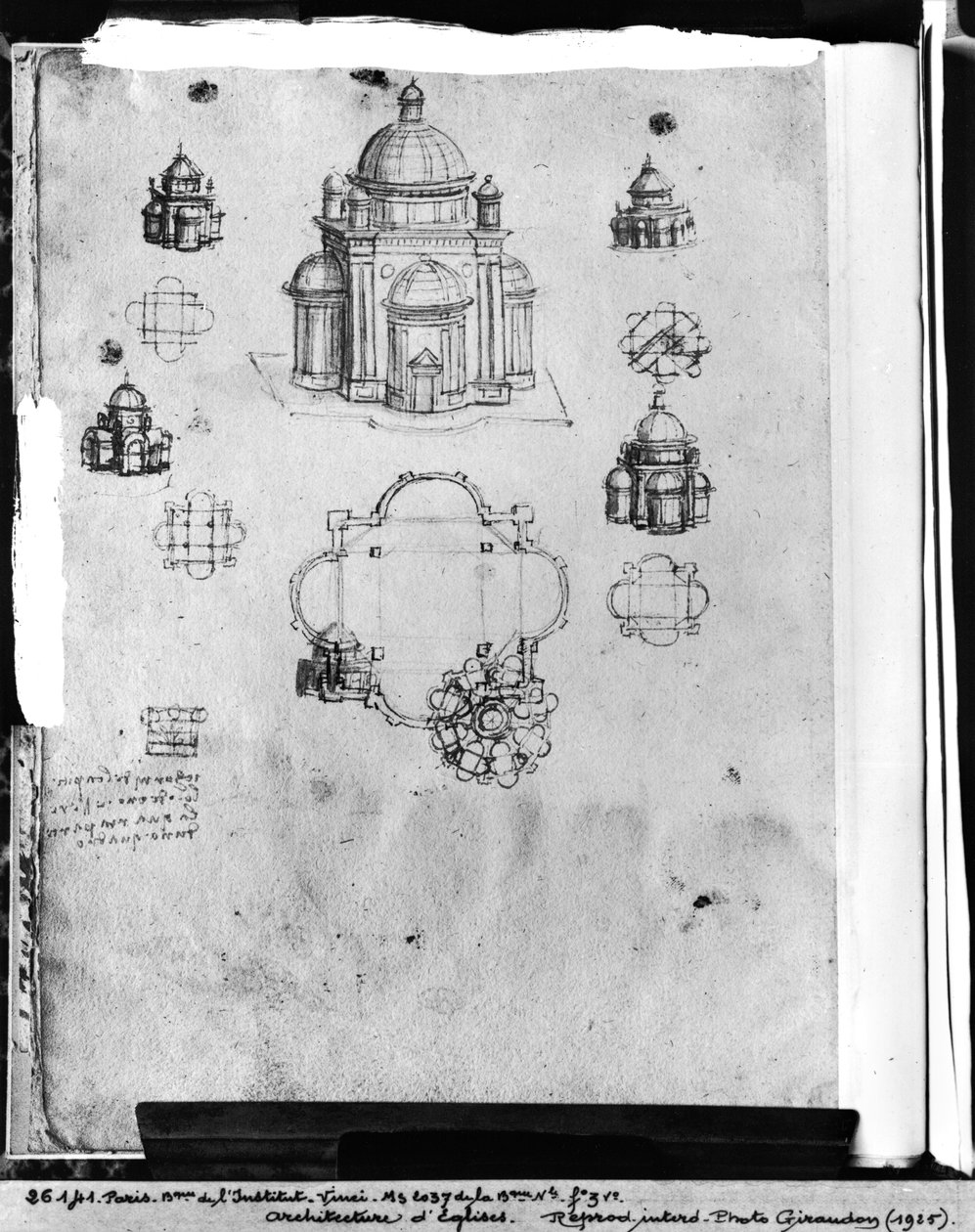 Diseños para una iglesia de planta central, fol. 3v del Codex Ashburnham I y II (anteriormente parte del Manuscrito B (2184)), c.1492 de Leonardo da Vinci