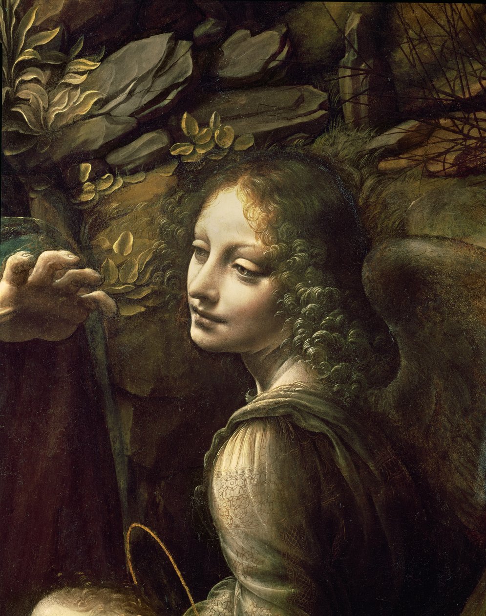Detalle del ángel, de La Virgen de las Rocas (La Virgen con el Niño San Juan adorando al Niño Cristo acompañado por un ángel), c.1508 de Leonardo da Vinci