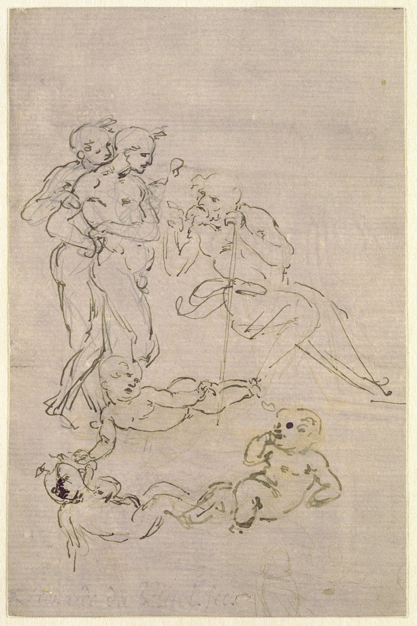 Estudio figurativo para la Adoración de los Magos (José y dos pastores y bocetos para el Niño Jesús), c.1481 de Leonardo da Vinci