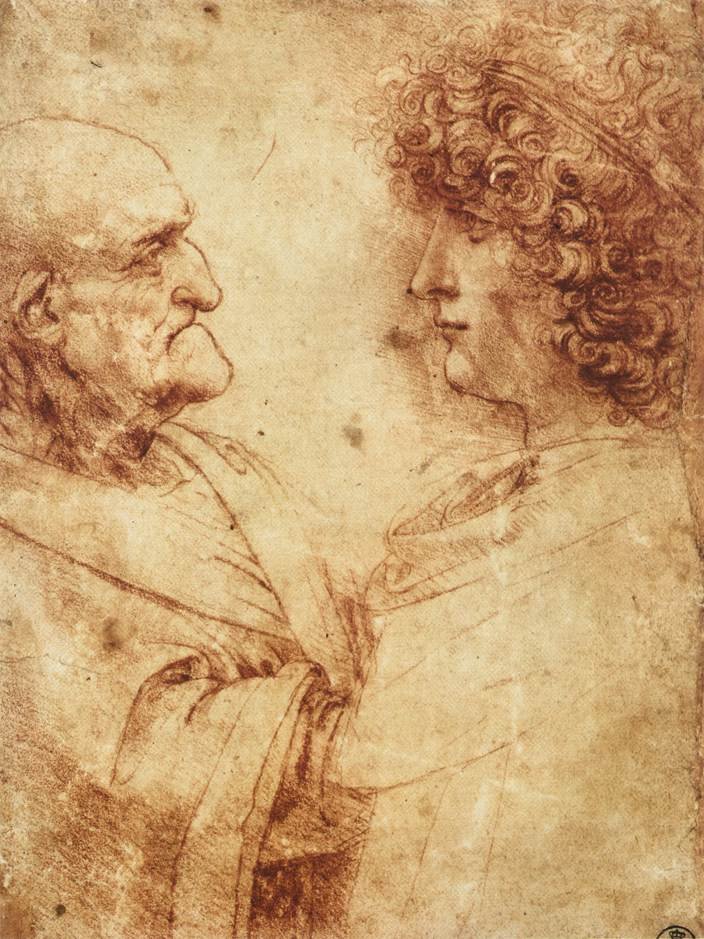Cabezas de un anciano y un joven de Leonardo da Vinci