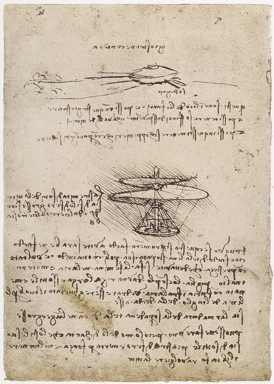 MS B 2173 fol. 83v Estudios de un tornillo aéreo, 1488-90 (pluma y tinta sobre papel) de Leonardo da Vinci
