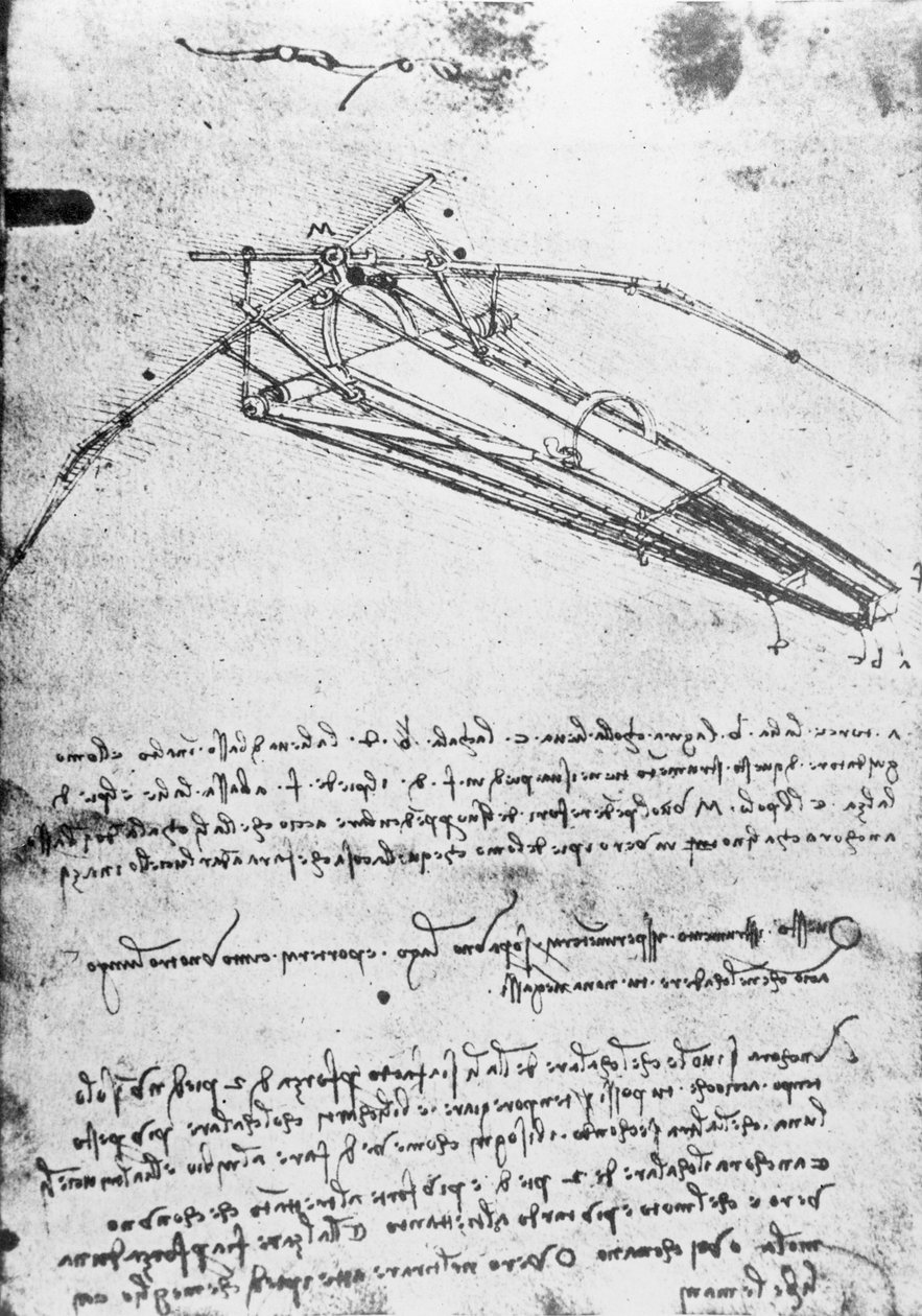 MS B 2173, folio 74v: Estudio para una máquina voladora, 1487-1490 de Leonardo da Vinci