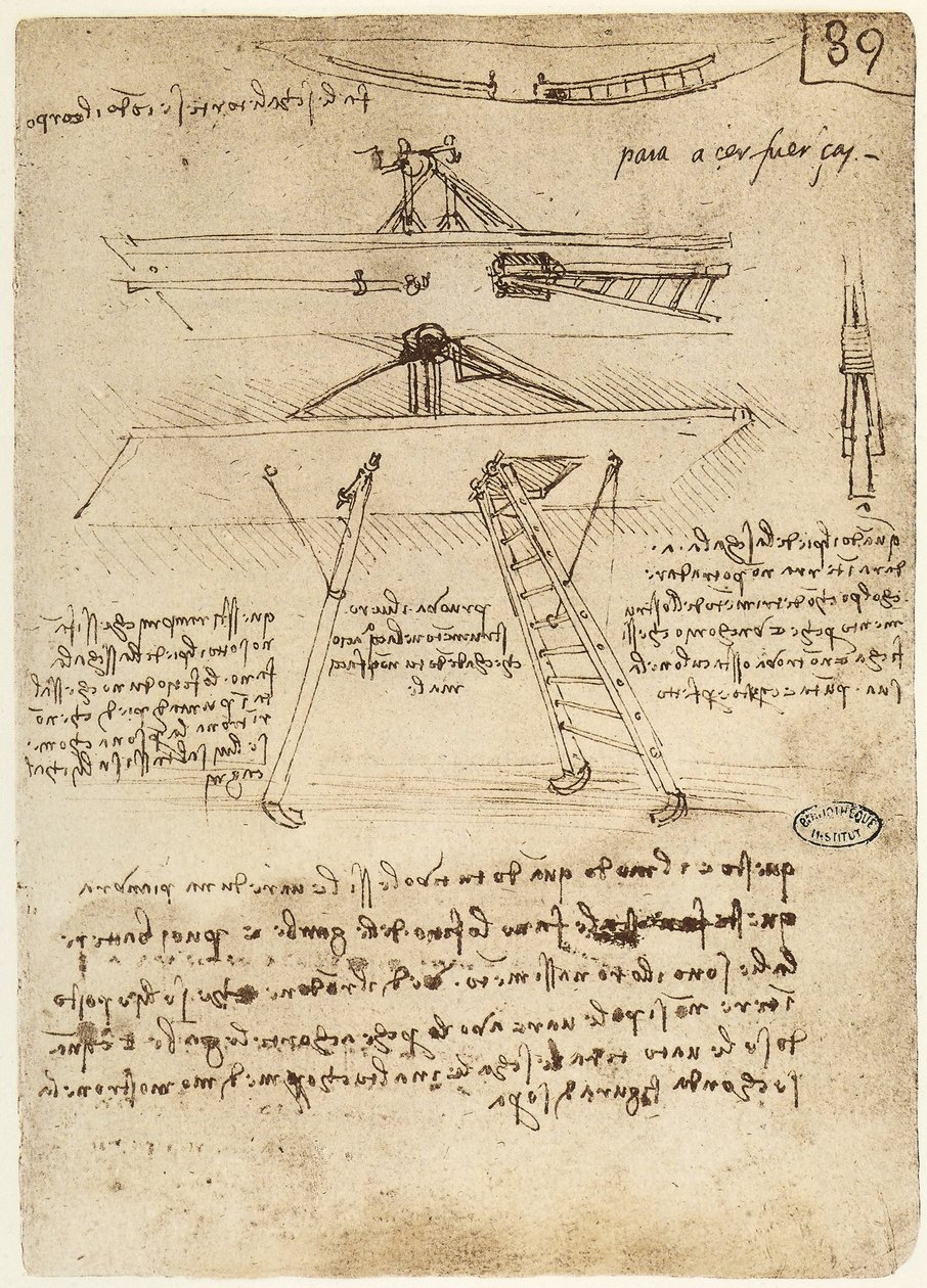 Ms B fol.89r Tren de aterrizaje y despegue para una máquina voladora, 1487-90 de Leonardo da Vinci