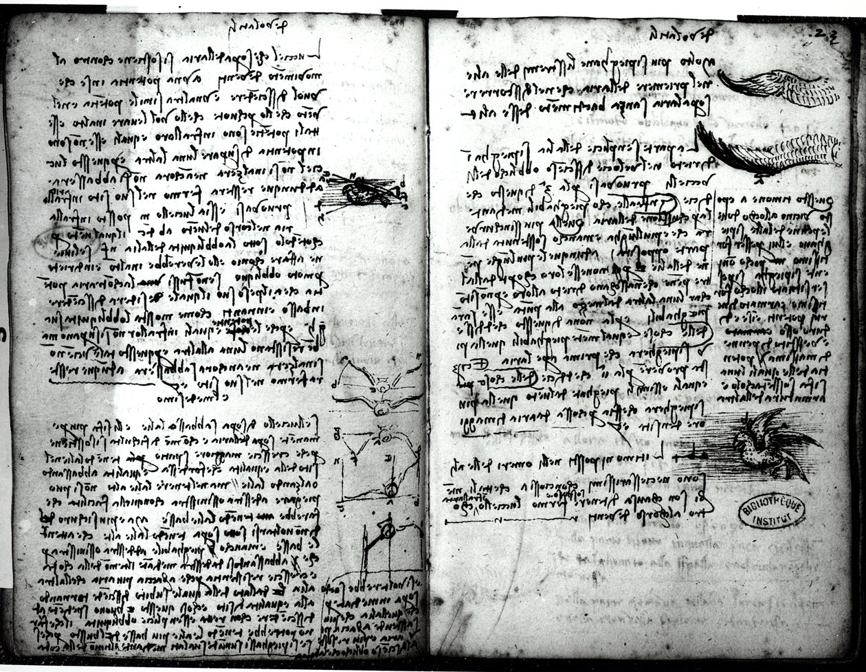 Manuscrito de París E, fol. 22v y 23r: Esbozo del vuelo de los pájaros, 1513-14 de Leonardo da Vinci