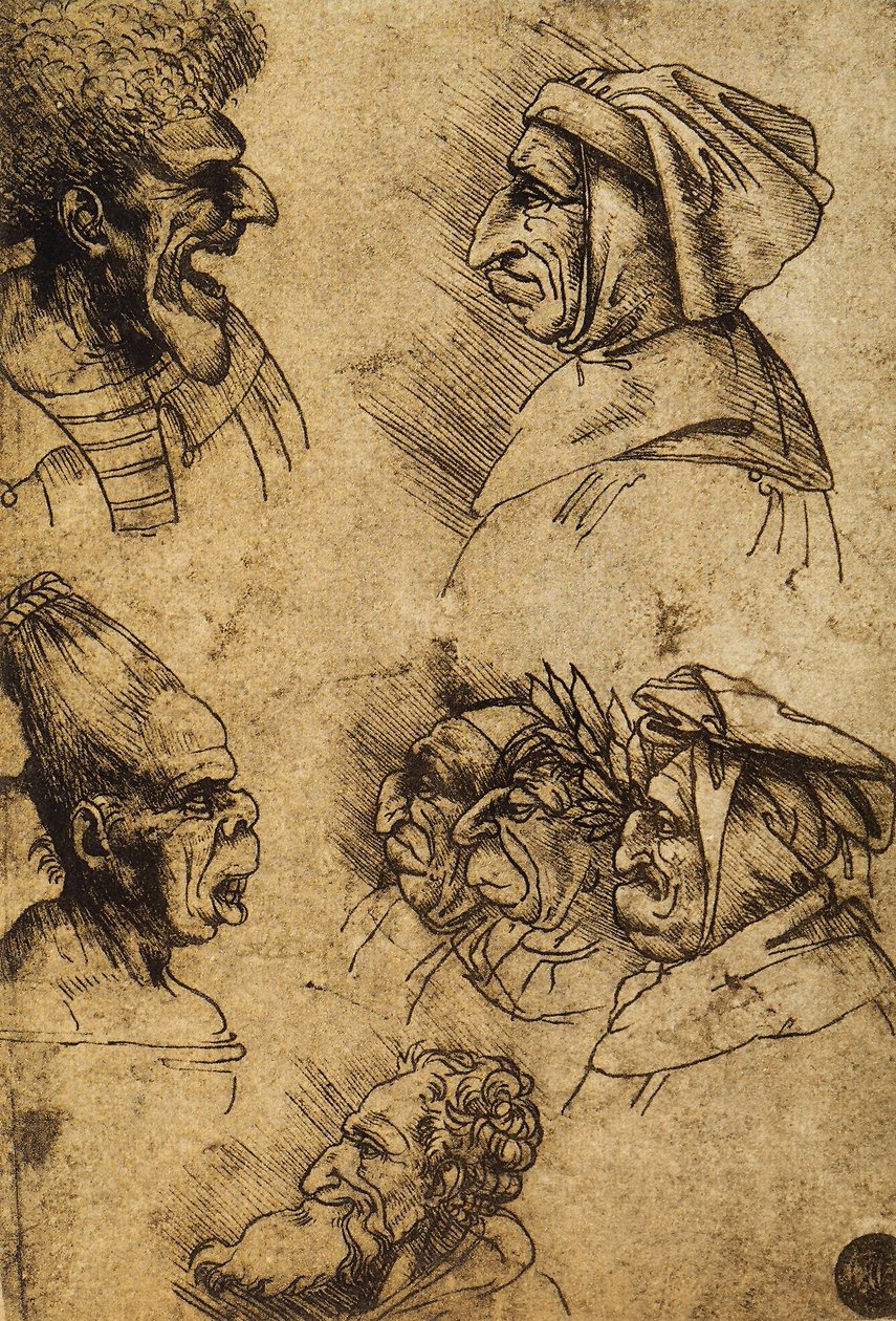 Siete cabezas grotescas; dibujo de Leonardo da Vinci. Gallerie dell