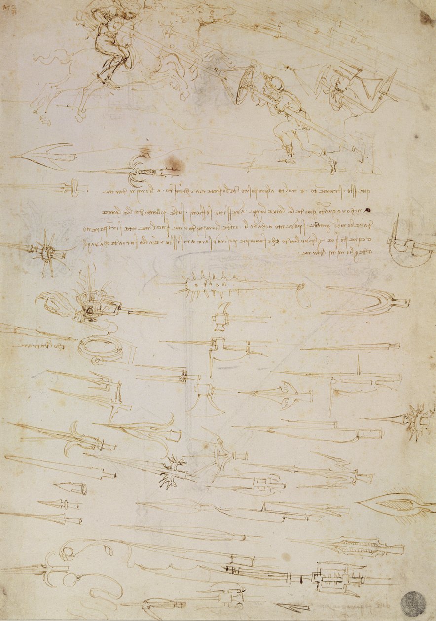 Hoja de estudios de soldados de infantería y jinetes en combate, y alabardas, 1485-1488 de Leonardo da Vinci
