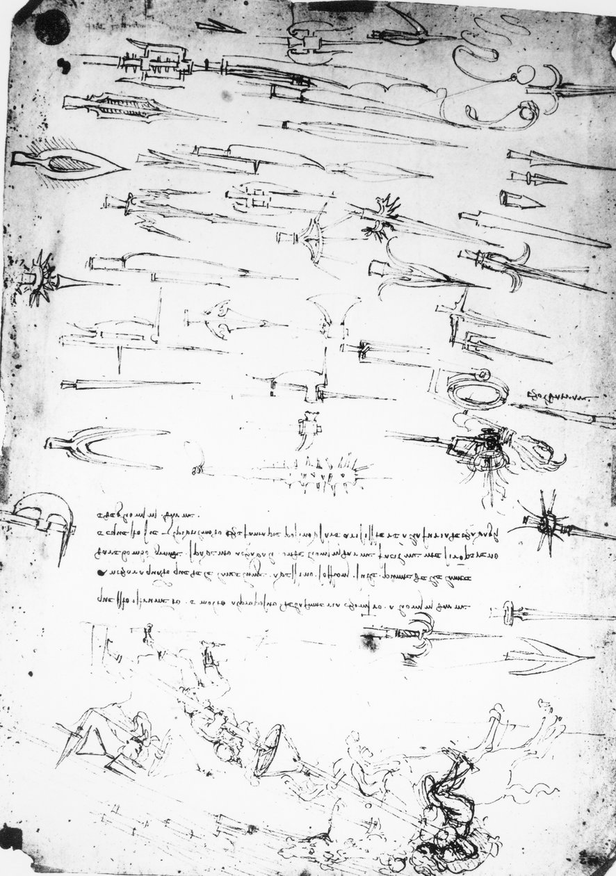 Hoja de estudios de soldados de infantería y jinetes en combate, y alabardas, 1485-1488 de Leonardo da Vinci