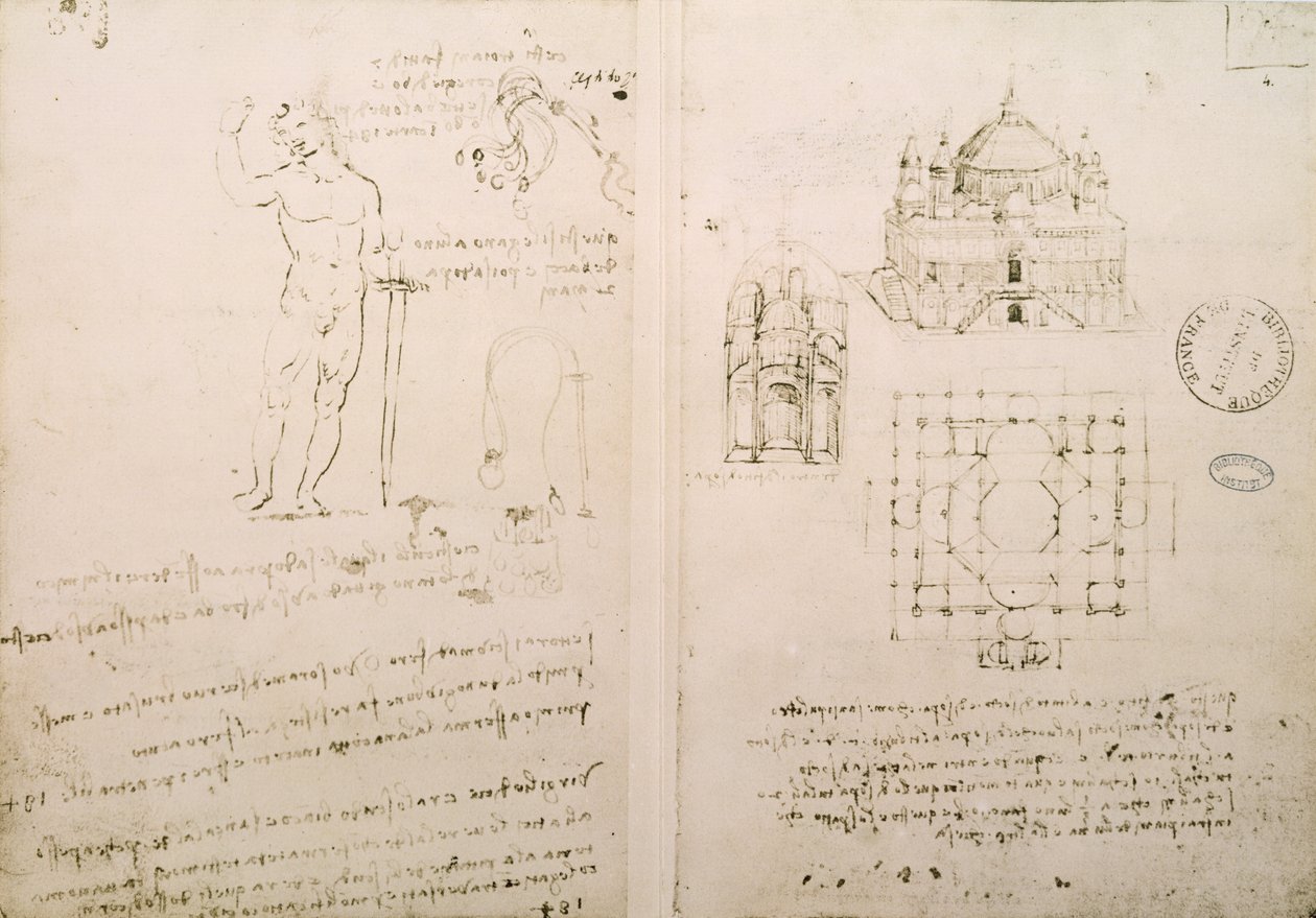 Boceto de una iglesia similar a San Sepolcro en Milán, fol. 4r del Códice Ashburnham I y II (anteriormente parte del Ms B (2184) y Ms A), c.1492 de Leonardo da Vinci